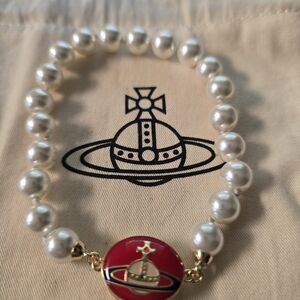 Vivienne Westwood Pearl Bracelet with Red and Gold Orb Charm